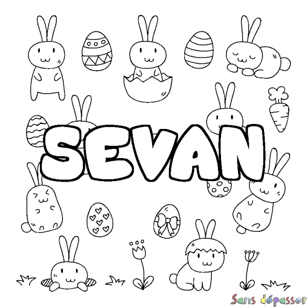 Coloriage pr&eacute;nom SEVAN - d&eacute;cor Paques