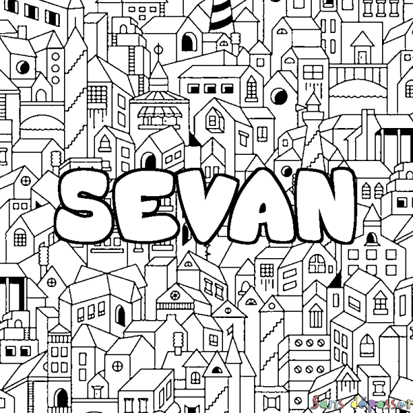 Coloriage pr&eacute;nom SEVAN - d&eacute;cor Ville
