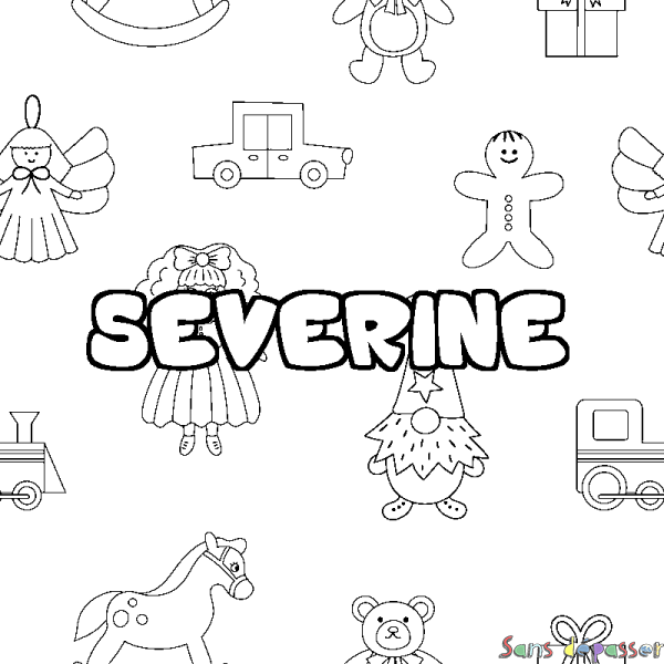 Coloriage pr&eacute;nom SEVERINE - d&eacute;cor Jouets