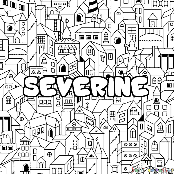 Coloriage pr&eacute;nom SEVERINE - d&eacute;cor Ville