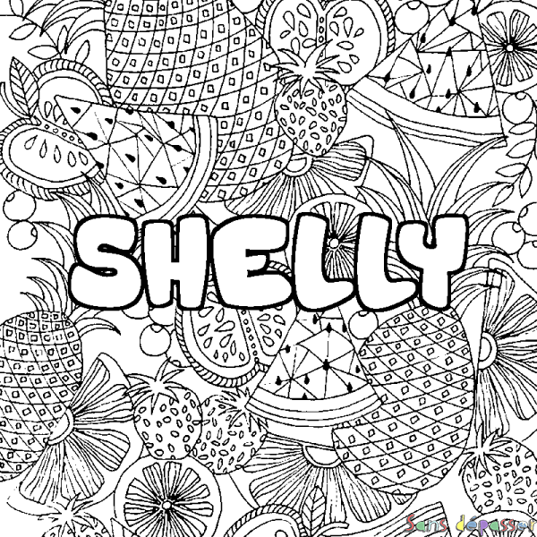 Coloriage prénom SHELLY - d&eacute;cor Mandala fruits