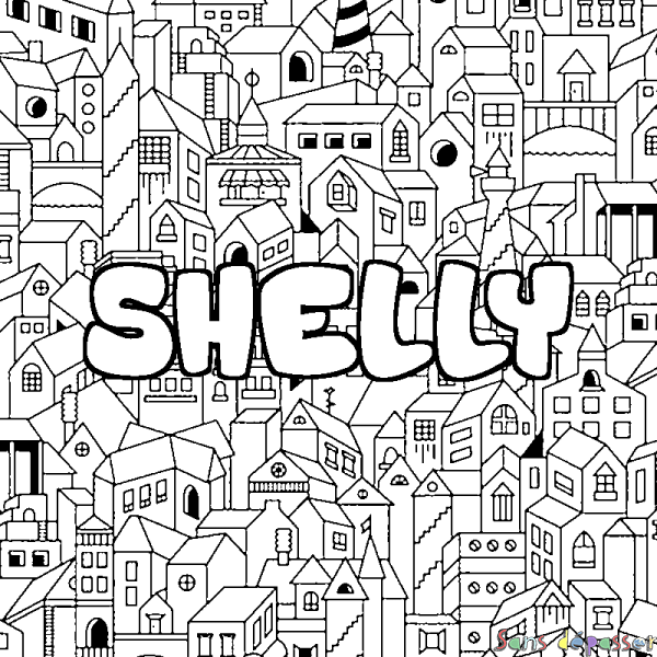 Coloriage pr&eacute;nom SHELLY - d&eacute;cor Ville