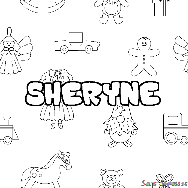 Coloriage pr&eacute;nom SHERYNE - d&eacute;cor Jouets