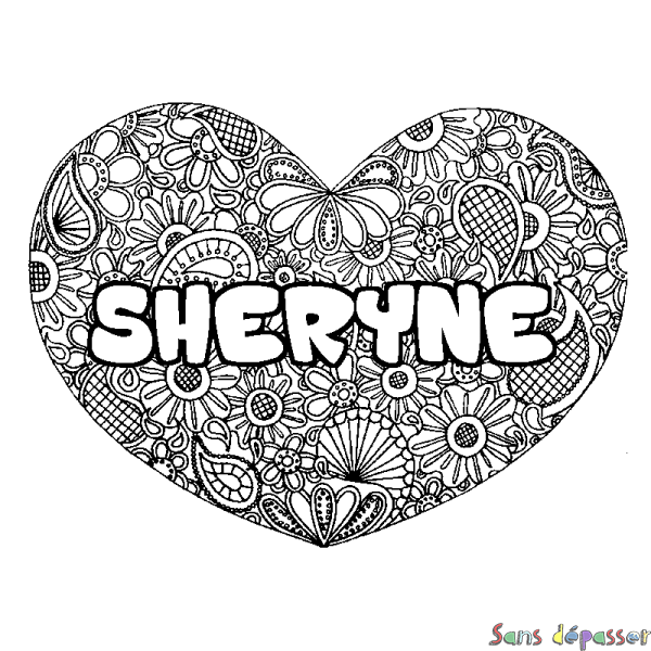 Coloriage pr&eacute;nom SHERYNE - d&eacute;cor Mandala coeur