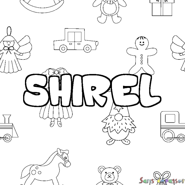 Coloriage pr&eacute;nom SHIREL - d&eacute;cor Jouets
