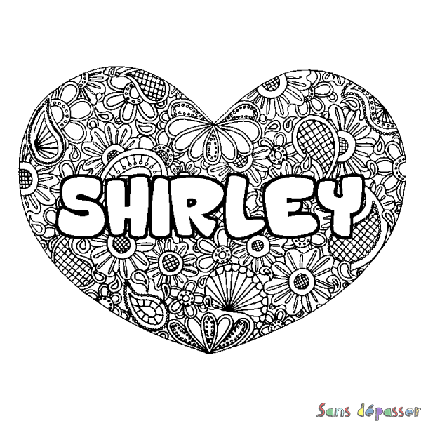 Coloriage pr&eacute;nom SHIRLEY - d&eacute;cor Mandala coeur