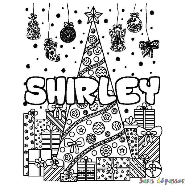 Coloriage prénom SHIRLEY - d&eacute;cor Sapin et Cadeaux