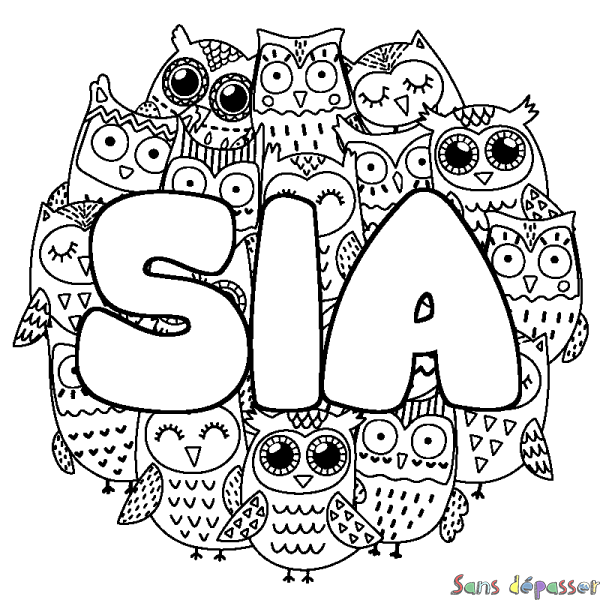 Coloriage pr&eacute;nom SIA - d&eacute;cor Chouettes