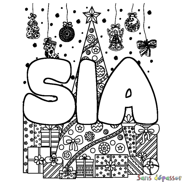 Coloriage pr&eacute;nom SIA - d&eacute;cor Sapin et Cadeaux