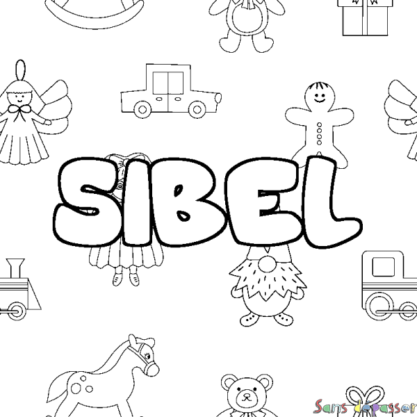 Coloriage pr&eacute;nom SIBEL - d&eacute;cor Jouets
