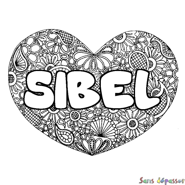 Coloriage pr&eacute;nom SIBEL - d&eacute;cor Mandala coeur