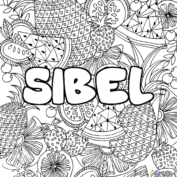 Coloriage pr&eacute;nom SIBEL - d&eacute;cor Mandala fruits