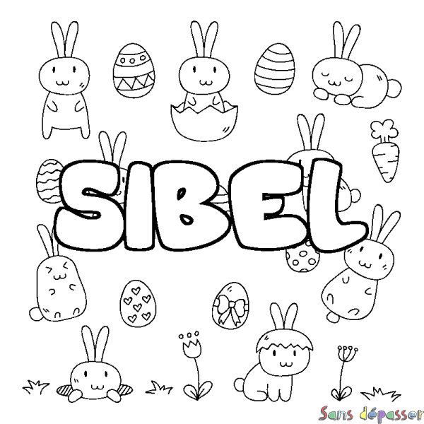 Coloriage pr&eacute;nom SIBEL - d&eacute;cor Paques