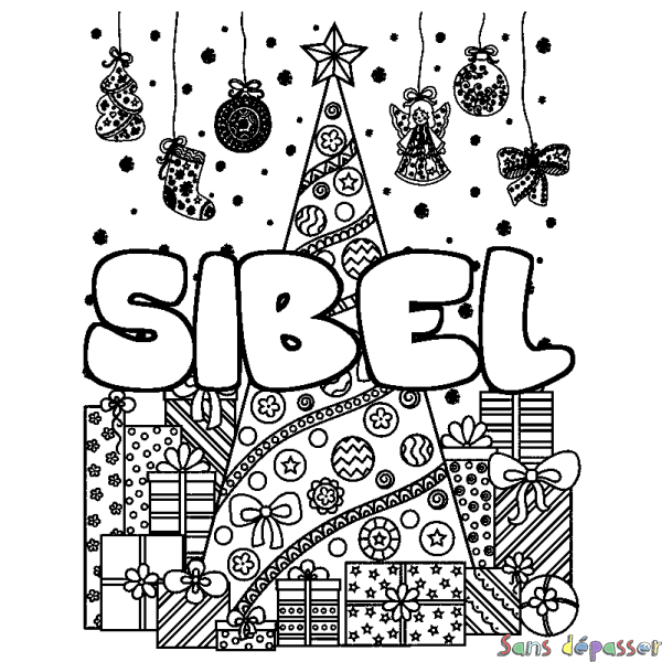 Coloriage prénom SIBEL - d&eacute;cor Sapin et Cadeaux