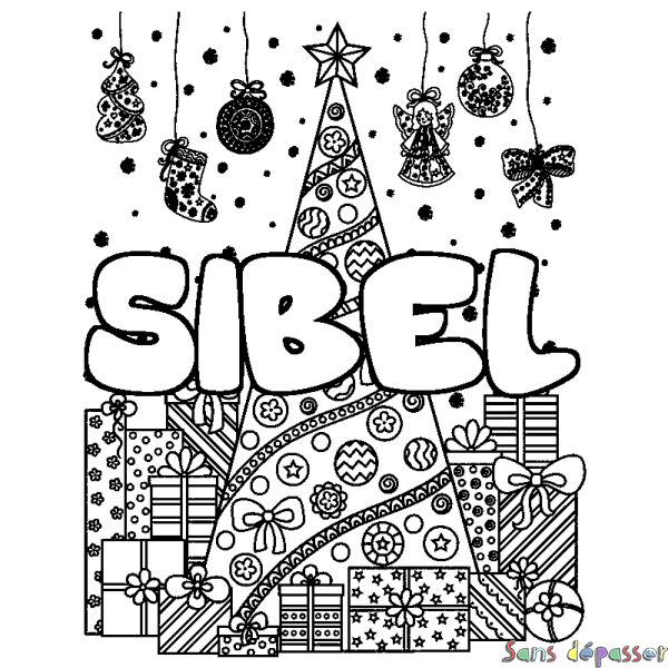 Coloriage pr&eacute;nom SIBEL - d&eacute;cor Sapin et Cadeaux