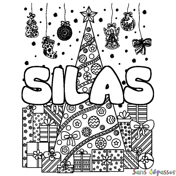 Coloriage prénom SILAS - d&eacute;cor Sapin et Cadeaux