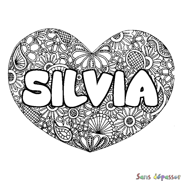 Coloriage prénom SILVIA - d&eacute;cor Mandala coeur