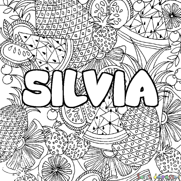 Coloriage prénom SILVIA - d&eacute;cor Mandala fruits