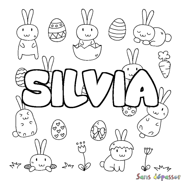 Coloriage pr&eacute;nom SILVIA - d&eacute;cor Paques