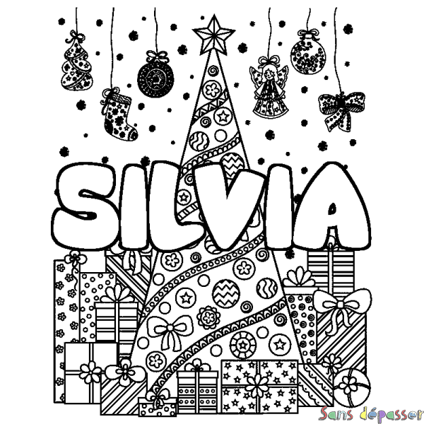 Coloriage prénom SILVIA - d&eacute;cor Sapin et Cadeaux