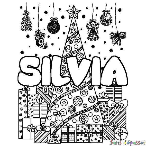 Coloriage pr&eacute;nom SILVIA - d&eacute;cor Sapin et Cadeaux