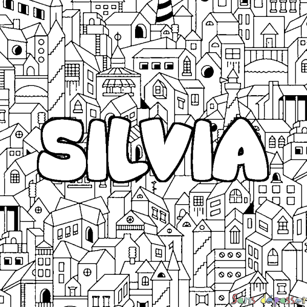 Coloriage pr&eacute;nom SILVIA - d&eacute;cor Ville