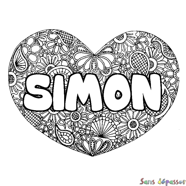 Coloriage pr&eacute;nom SIMON - d&eacute;cor Mandala coeur