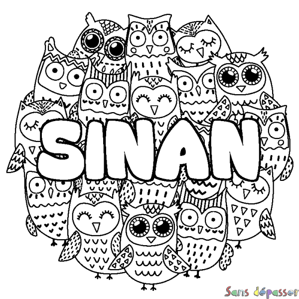 Coloriage pr&eacute;nom SINAN - d&eacute;cor Chouettes