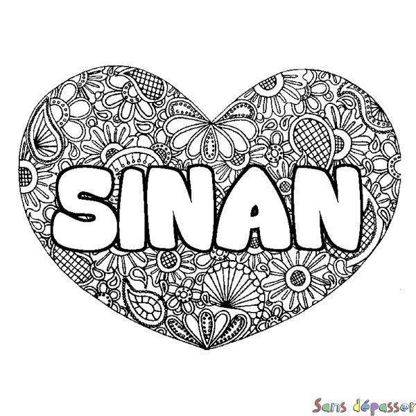 Coloriage pr&eacute;nom SINAN - d&eacute;cor Mandala coeur
