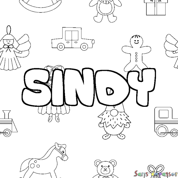 Coloriage pr&eacute;nom SINDY - d&eacute;cor Jouets