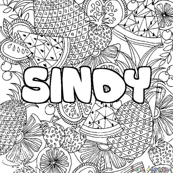 Coloriage pr&eacute;nom SINDY - d&eacute;cor Mandala fruits
