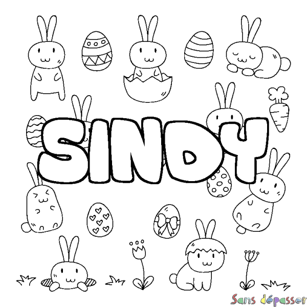 Coloriage pr&eacute;nom SINDY - d&eacute;cor Paques