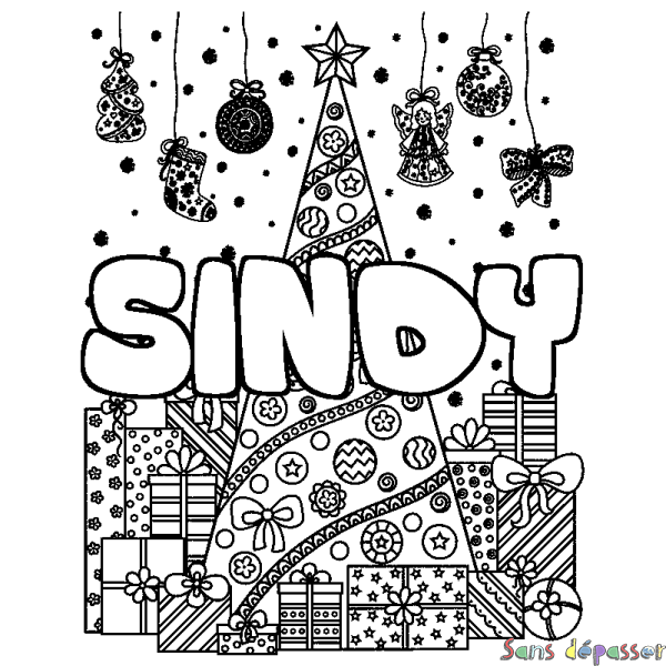 Coloriage pr&eacute;nom SINDY - d&eacute;cor Sapin et Cadeaux