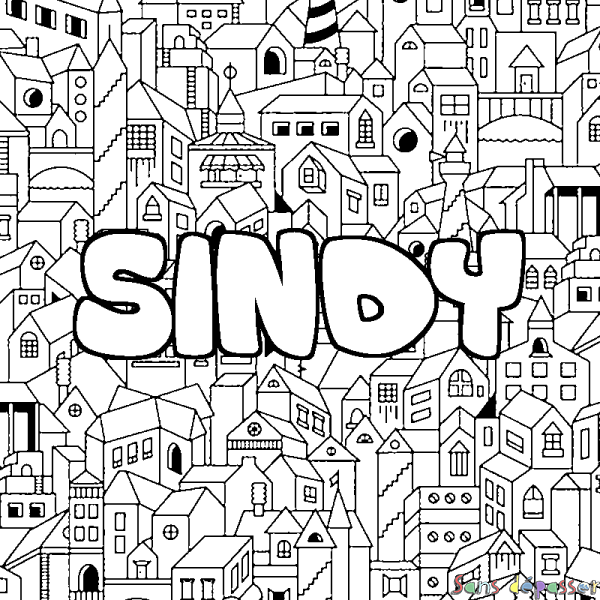 Coloriage pr&eacute;nom SINDY - d&eacute;cor Ville