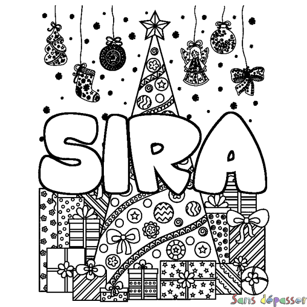 Coloriage prénom SIRA - d&eacute;cor Sapin et Cadeaux