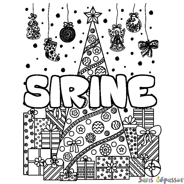 Coloriage prénom SIRINE - d&eacute;cor Sapin et Cadeaux