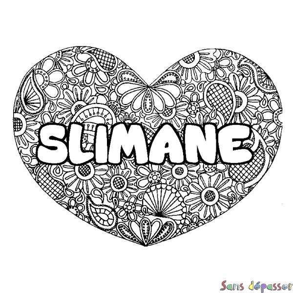 Coloriage pr&eacute;nom SLIMANE - d&eacute;cor Mandala coeur