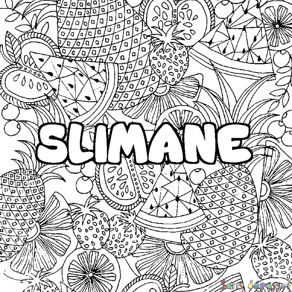 Coloriage pr&eacute;nom SLIMANE - d&eacute;cor Mandala fruits