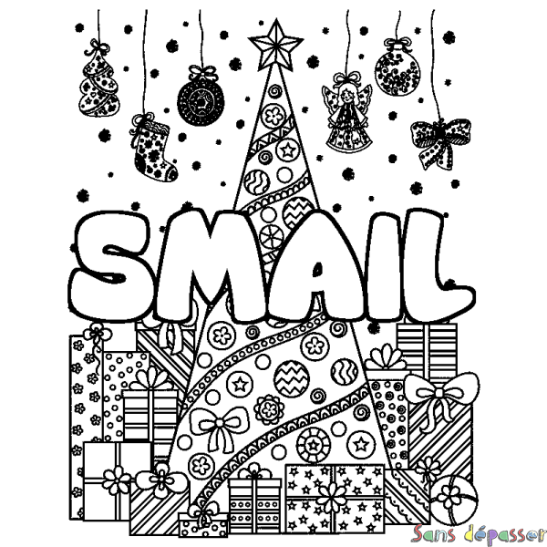 Coloriage pr&eacute;nom SMAIL - d&eacute;cor Sapin et Cadeaux