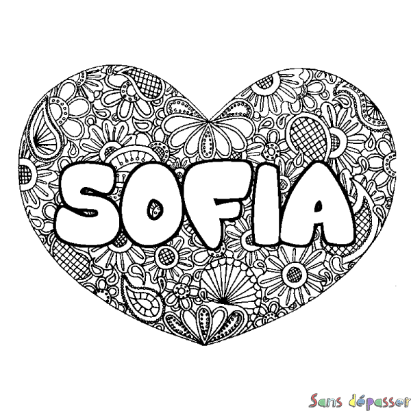 Coloriage prénom SOFIA - d&eacute;cor Mandala coeur
