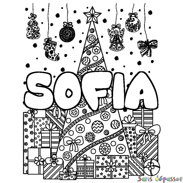 Coloriage prénom SOFIA - d&eacute;cor Sapin et Cadeaux
