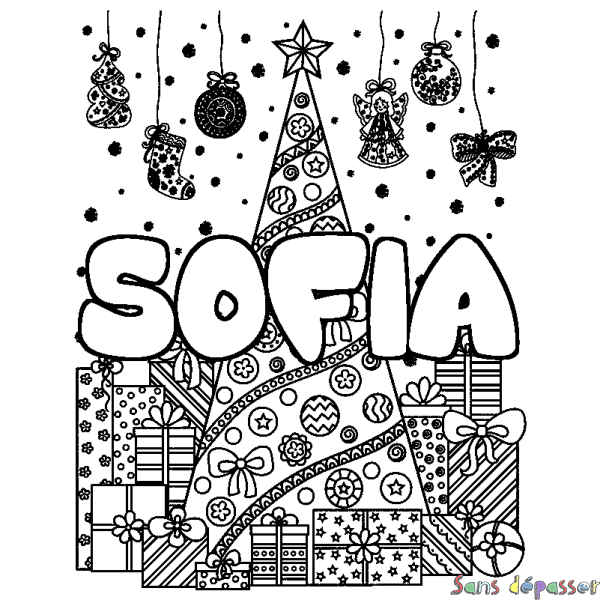 Coloriage pr&eacute;nom SOFIA - d&eacute;cor Sapin et Cadeaux