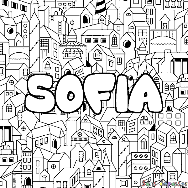Coloriage pr&eacute;nom SOFIA - d&eacute;cor Ville
