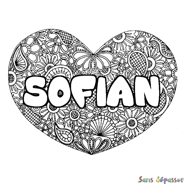 Coloriage pr&eacute;nom SOFIAN - d&eacute;cor Mandala coeur