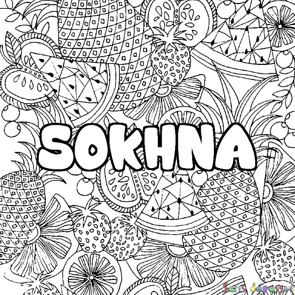 Coloriage pr&eacute;nom SOKHNA - d&eacute;cor Mandala fruits