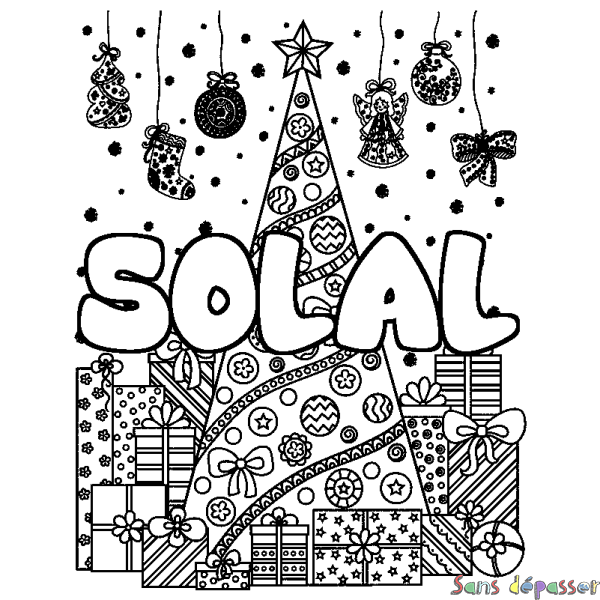 Coloriage pr&eacute;nom SOLAL - d&eacute;cor Sapin et Cadeaux