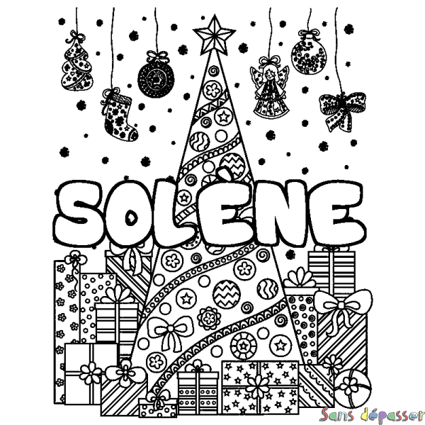 Coloriage pr&eacute;nom SOL&Egrave;NE - d&eacute;cor Sapin et Cadeaux