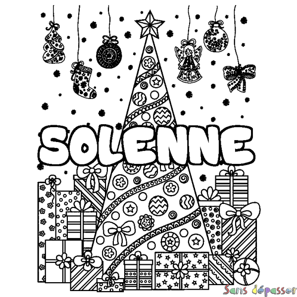 Coloriage prénom SOLENNE - d&eacute;cor Sapin et Cadeaux