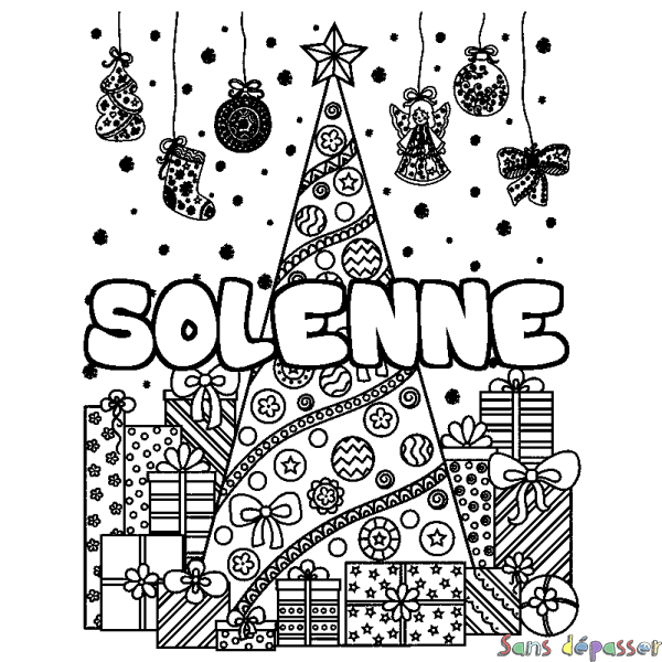 Coloriage pr&eacute;nom SOLENNE - d&eacute;cor Sapin et Cadeaux