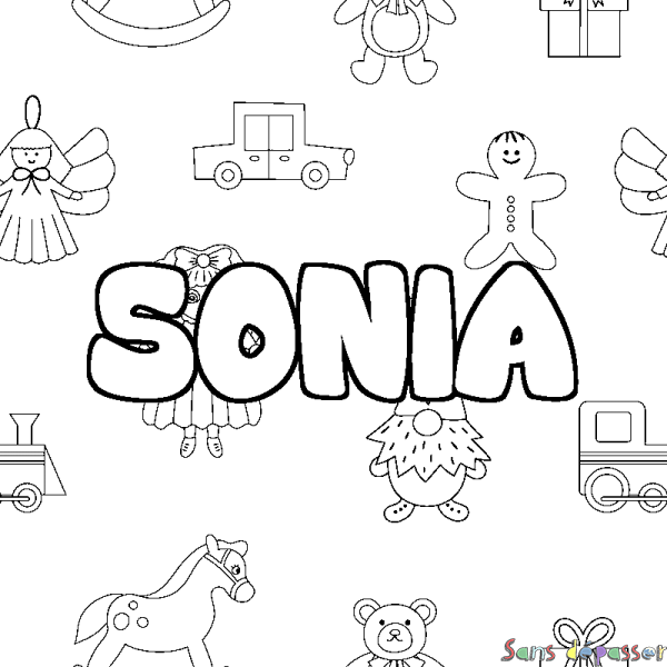 Coloriage pr&eacute;nom SONIA - d&eacute;cor Jouets